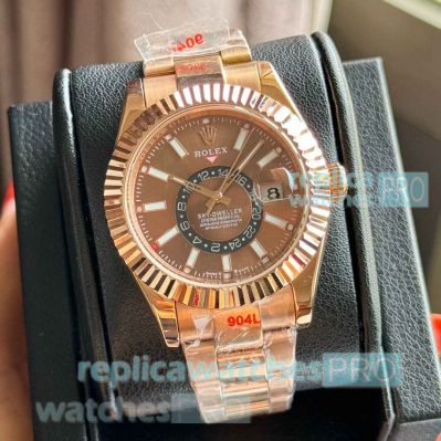 Copy Rolex Sky-Dweller Watches Rose Gold Chocolate Dial with 2nd time zone